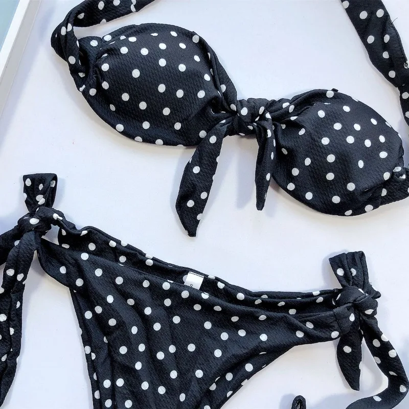 Women's Sexy Polka Dot Self Tie Strapless Bandea Bikini Set 2 Piece Swimwear