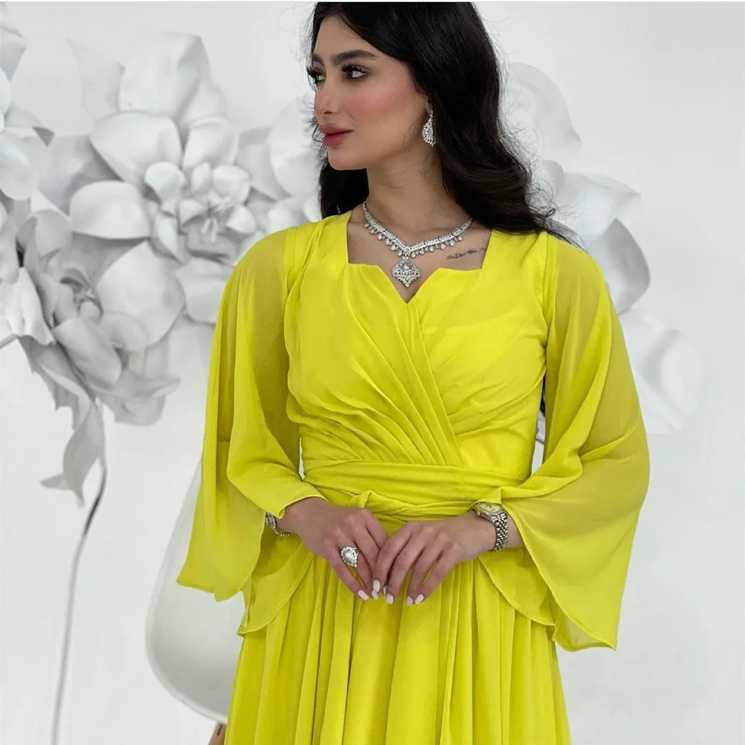 Meetlove Aangepaste Lange V-hals Chiffon Avondjurken A-lijn Lange Mouw Enkellange Galajurk Robe de soirée voor Vrouwen