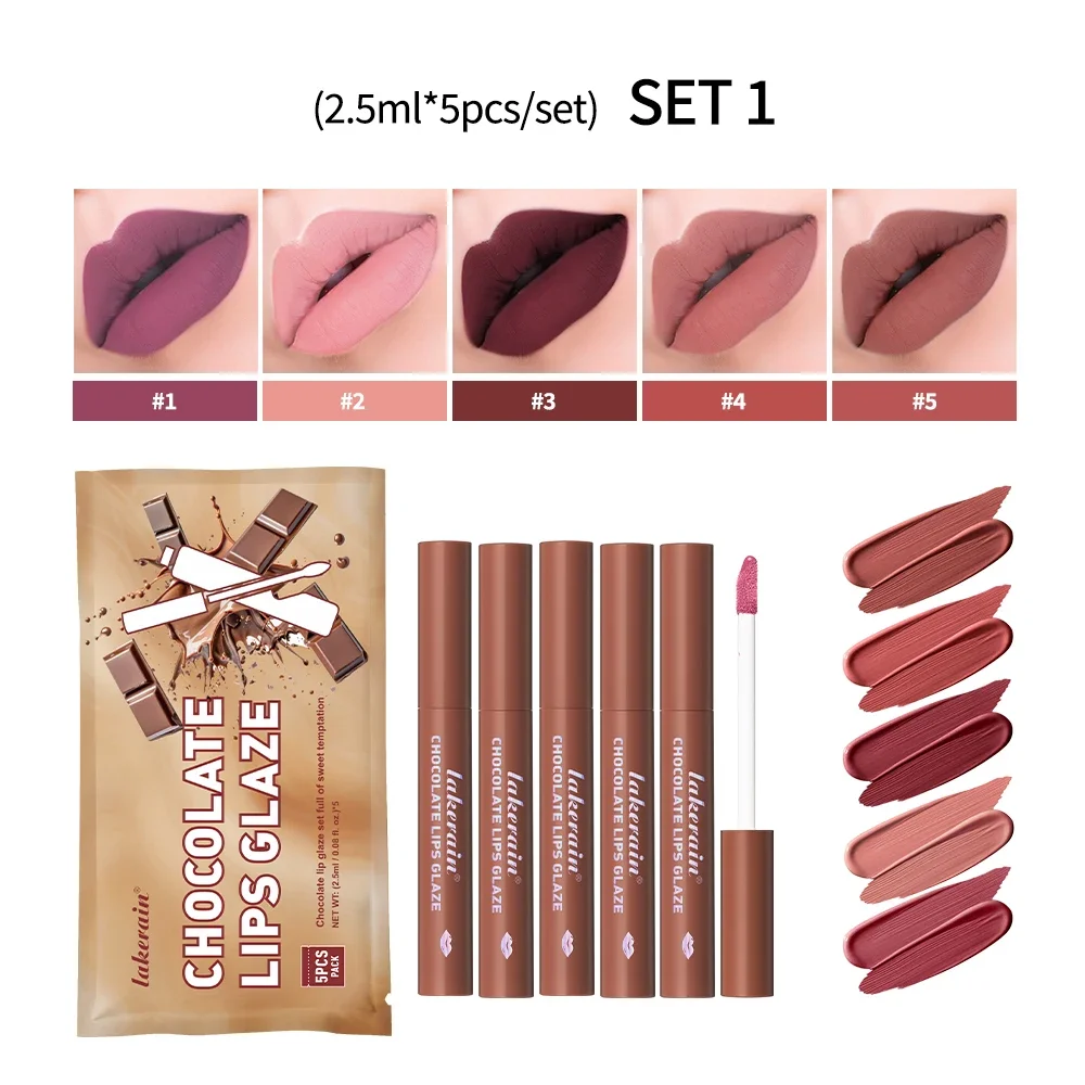 5pcs Chocolate Lip Matte Matte finish Non-stick lip gloss Waterproof and sweatproof Chocolate sauce texture Sweet chocolate lip