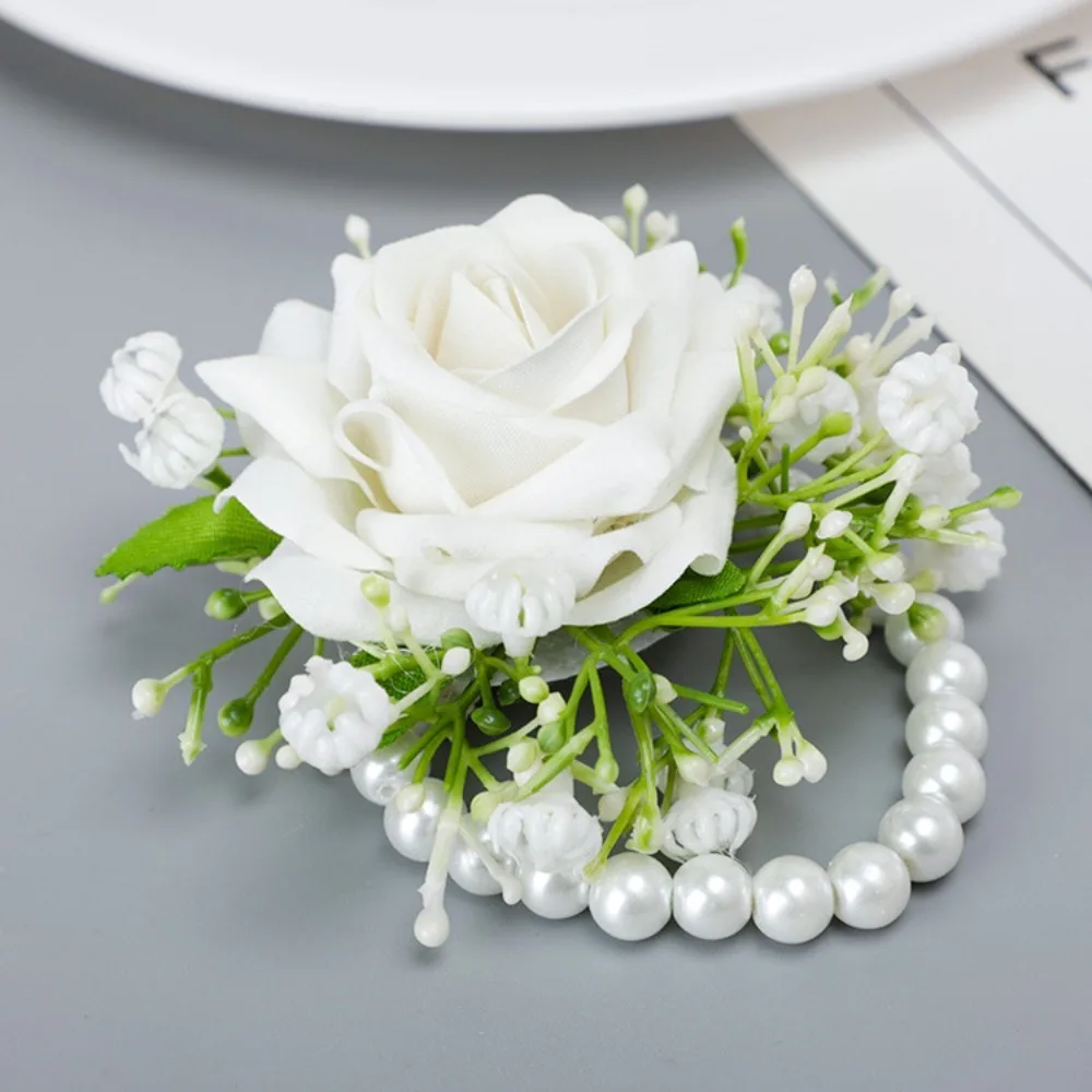 Simple Artificial Flower Rose Groom Boutonniere Bride Imitation Pearl Wrist Corsage Wear Accessory for Gatherings