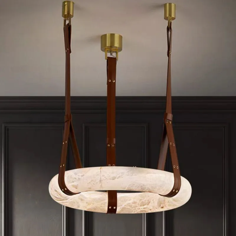 

Hot selling high-end living room main light, round all copper leather pendant light, Spanish marble pendant light