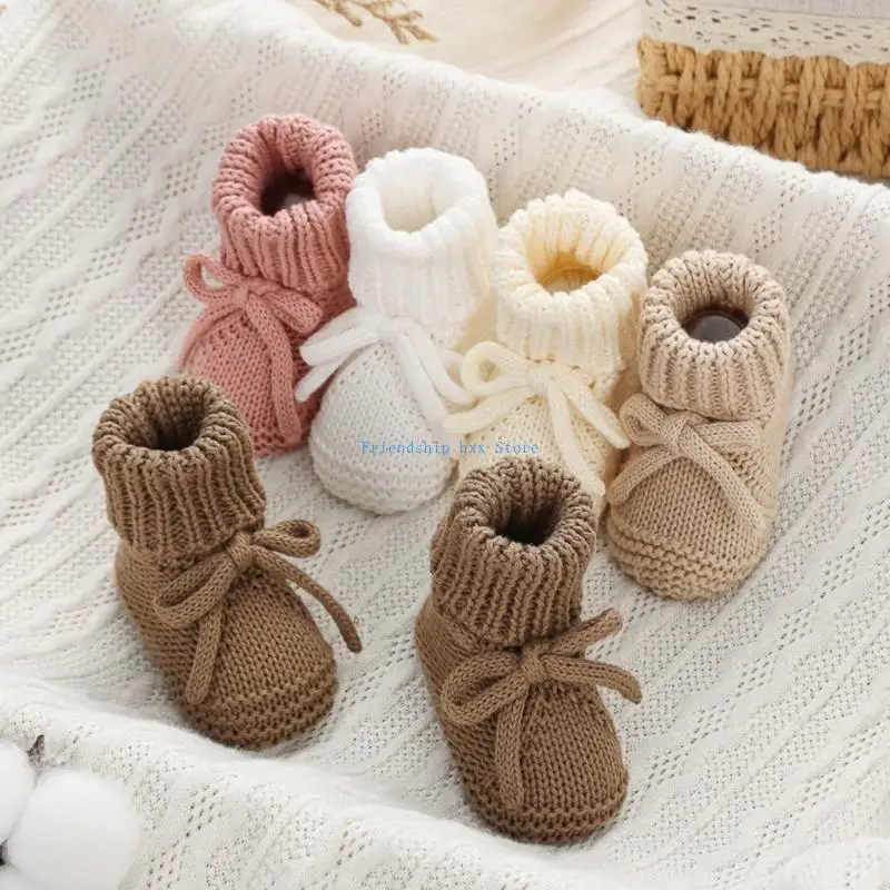 F1CB Babyschoenen met antislip onderkant, katoenen gebreide laarsjes met decoratieve strik