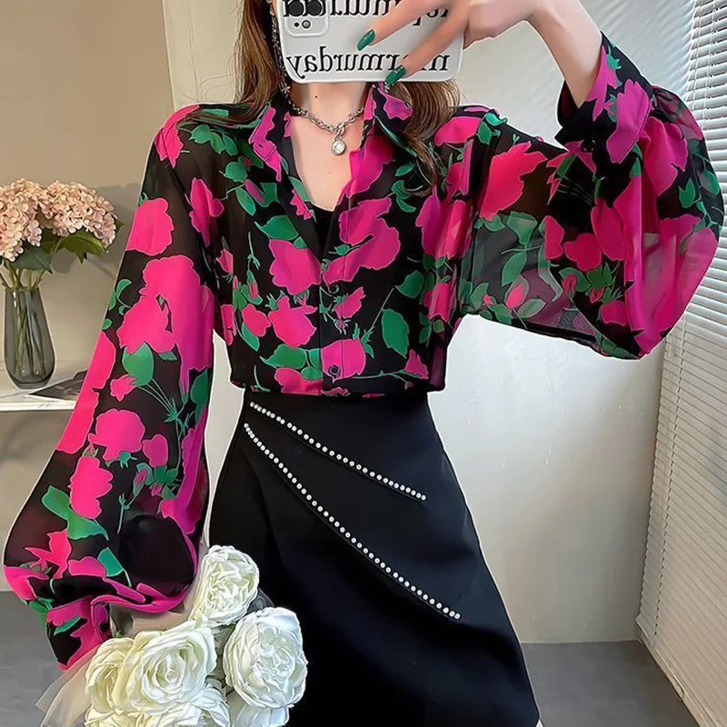 Elegant Lapel Loose Printed Lantern Sleeve Shirt Women\'s Clothing 2023 Spring Summer New Casual Tops Office Lady Chiffon Blouse