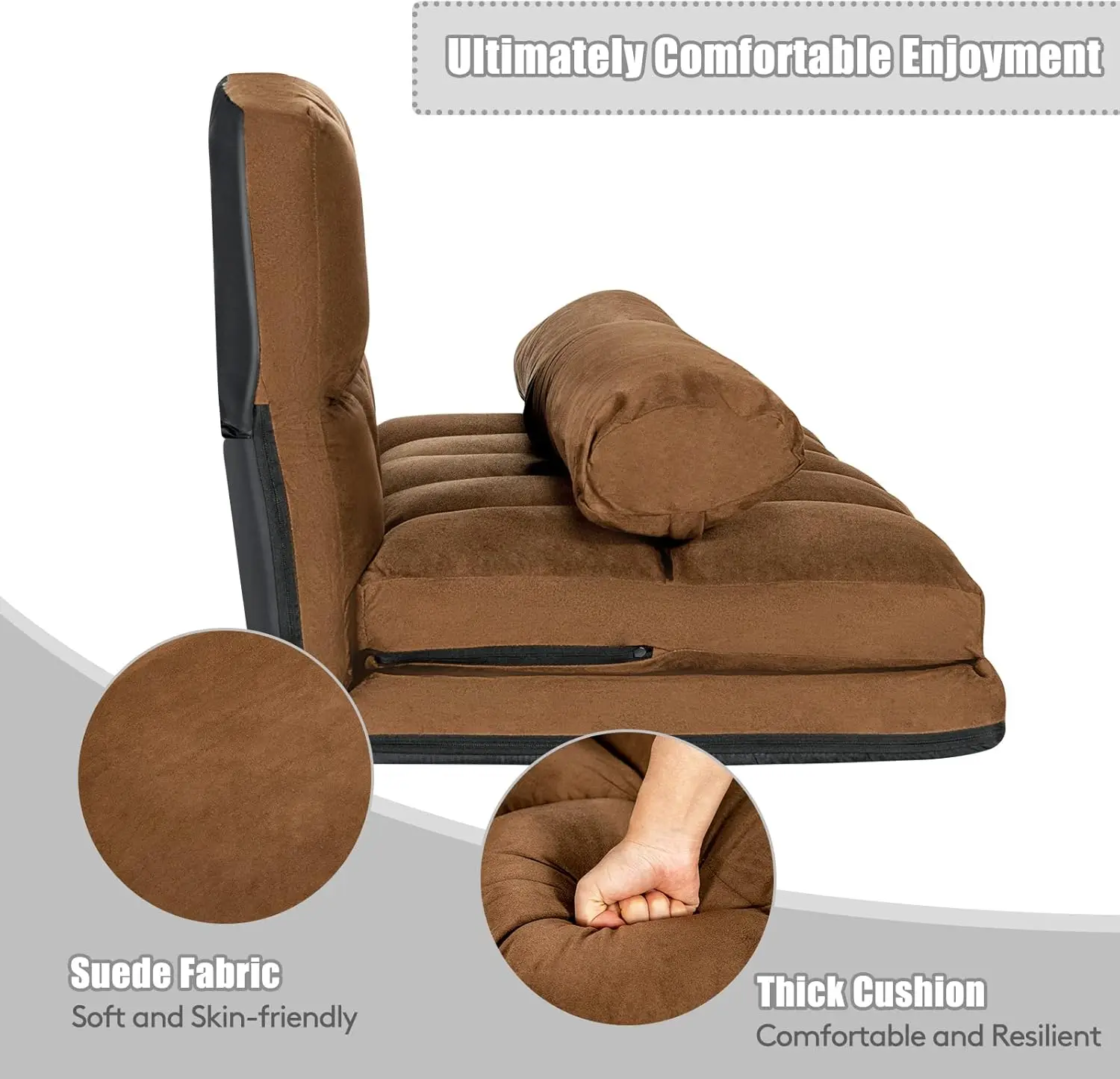 Adjustable Floor Sofa Bed, Foldable Lazy Sofa Sleeper Bed with 6 Position Backrest & 2 Pillows, Convertible Futon Couch Bed