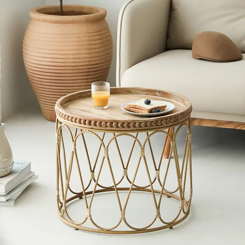 

Rattan Art Round Living Room Coffee Table Nordic Modern Log Furniture Small Family Home Stay Balcony Table