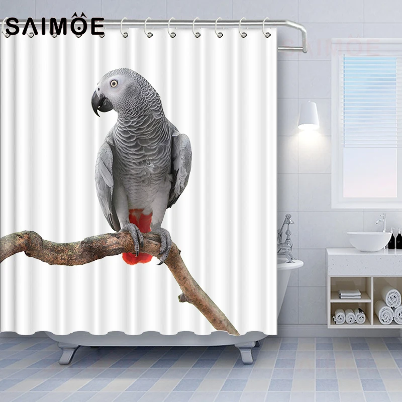 Saimoe Grey frican Parrot Bird Psittacus Erithacus Standing on a Branch Tropical Nature Wildlife Fabric Shower Curtains