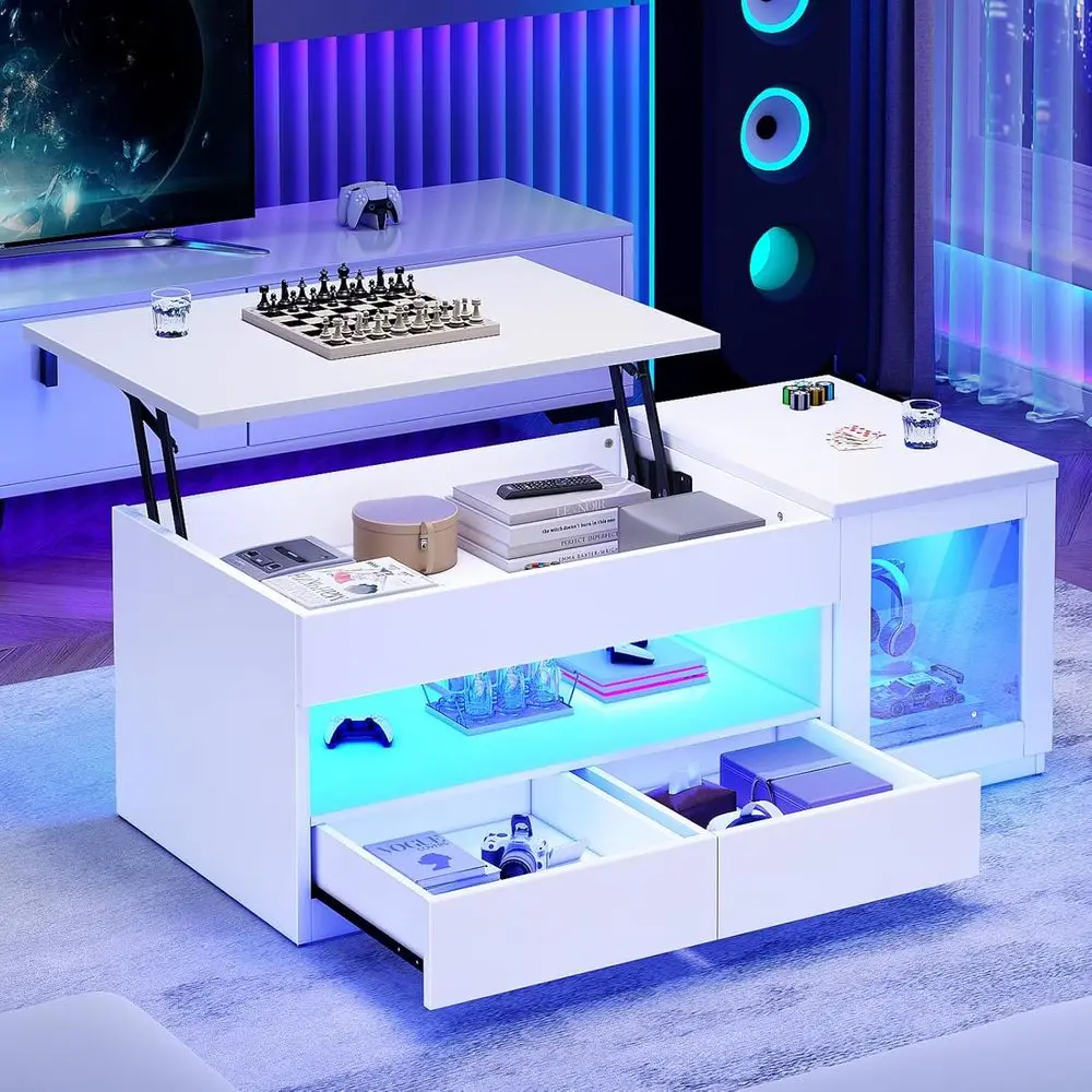 

Современный журнальный столик с LED-подсветкой (39,4 дюйма), 2 ящиками и стеклянным шкафчиком для хранения, белый, для гостиной