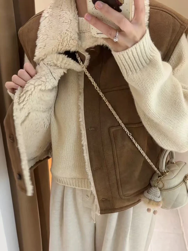 Vintage Lamb Wool Vest Women Korean Loose Single Breasted Sleeveless Jacket Y2K Winter Thick Warm Casual Crop Outerwear Mujer