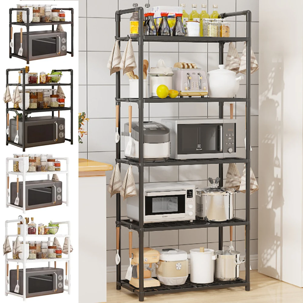 

Microwave Rack Kitchen Open Space Seasoning Shelves Storage Bilayer Oven Modern Minimalism with Partition for Kitchen Storage