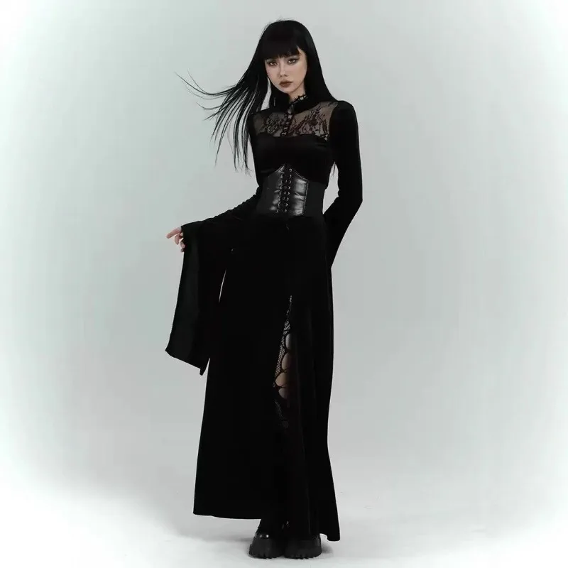 2025 neue Frauen Sexy Spitze Split Lange Kleider Ausschnitt Patchwork Lange Flare Hülse Halloween Hexe Cosplay Kleid Bodycon Party Kleid