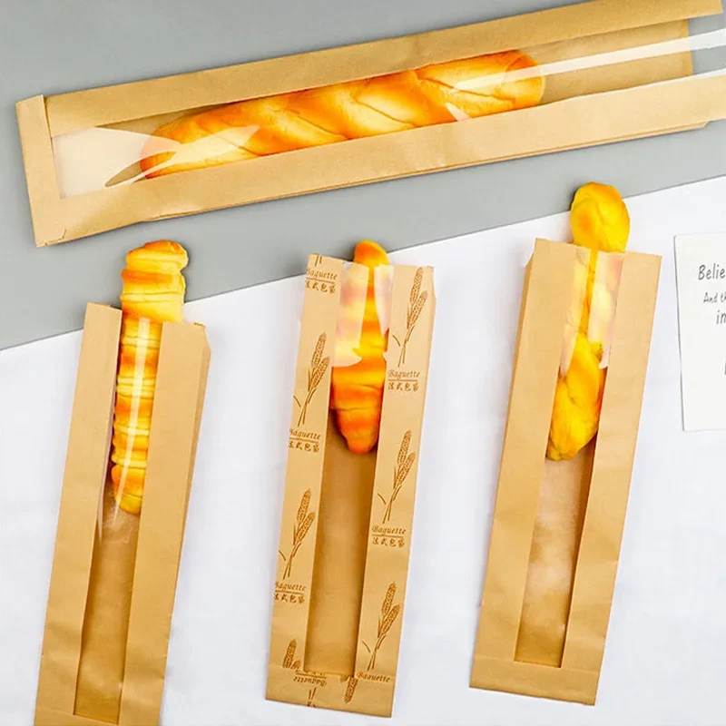 

50pcs Long Baguette Oil Proof Kraft Paper Bag DIY Handmade Bread Parsty Packaging Bags with Window Coffee Shop Bakery Supplies