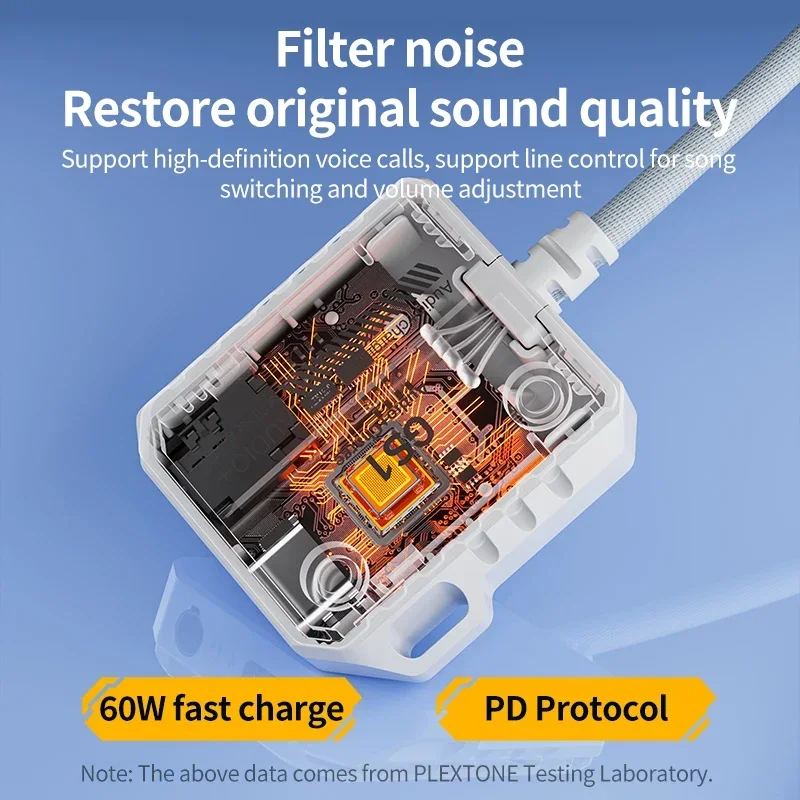 Адаптер PLEXTONE GS1 USB-C на 3,5 мм с быстрой зарядкой мощностью 60 Вт, совместимый с iPad Pro/iPhone 15/16