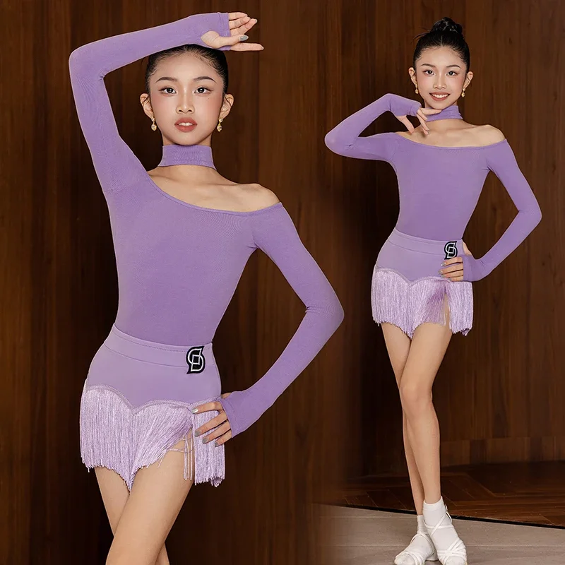 

Purple Latin Dance Suit Girls Rumba Samba Performance Wear Off Shoulder Leotard Fringe Skirt Kid Latin Line Dance Clothing