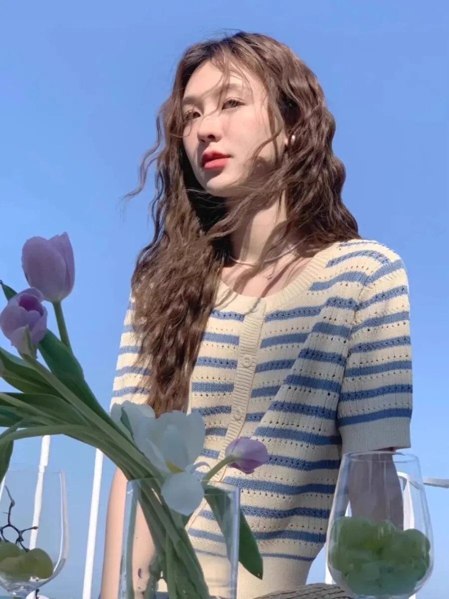 Korean Style Soft Blue White Stripes Color Block Knitted Short Sleeve Hollow out round Neck Ice Silk Light Weight Summer Card...