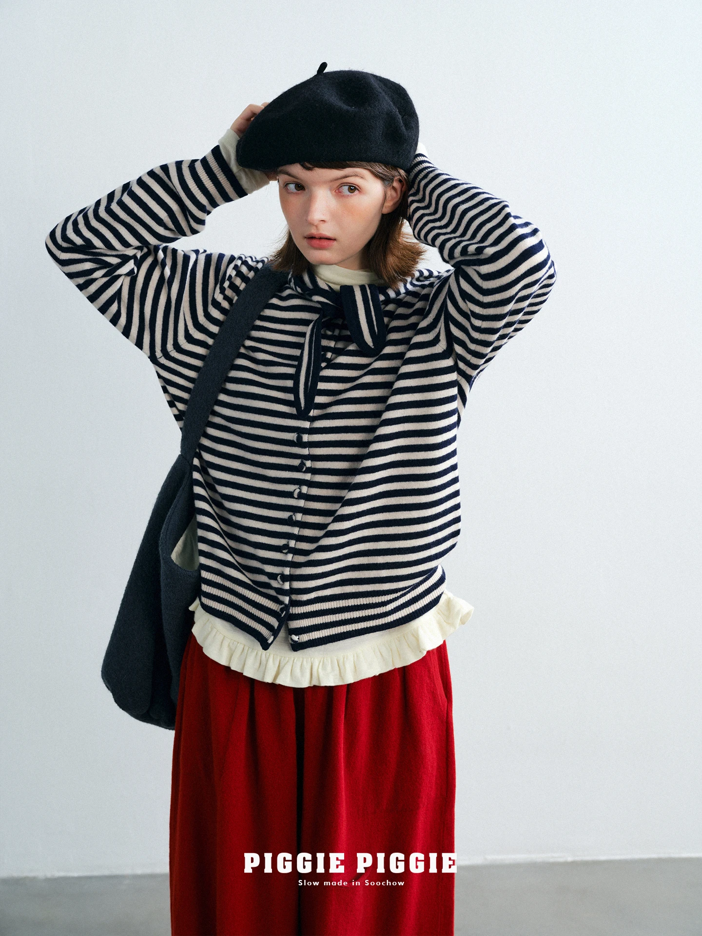 

Soft Merino Wool Knitted Hat-Collar Striped Open Cardigan Piggie Piggie Japanese Sle Women's Sweater Comfortable Autumn Wear