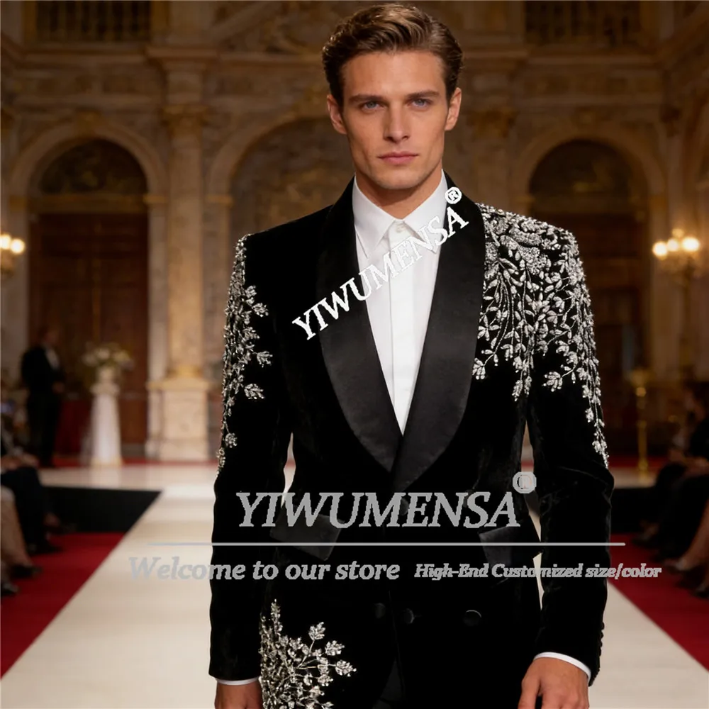 

Изысканные мужские свадебные смокинги и костюмы из бархата с ювелирными камнями, комплекты из 2 предметов, индивидуальный пошив