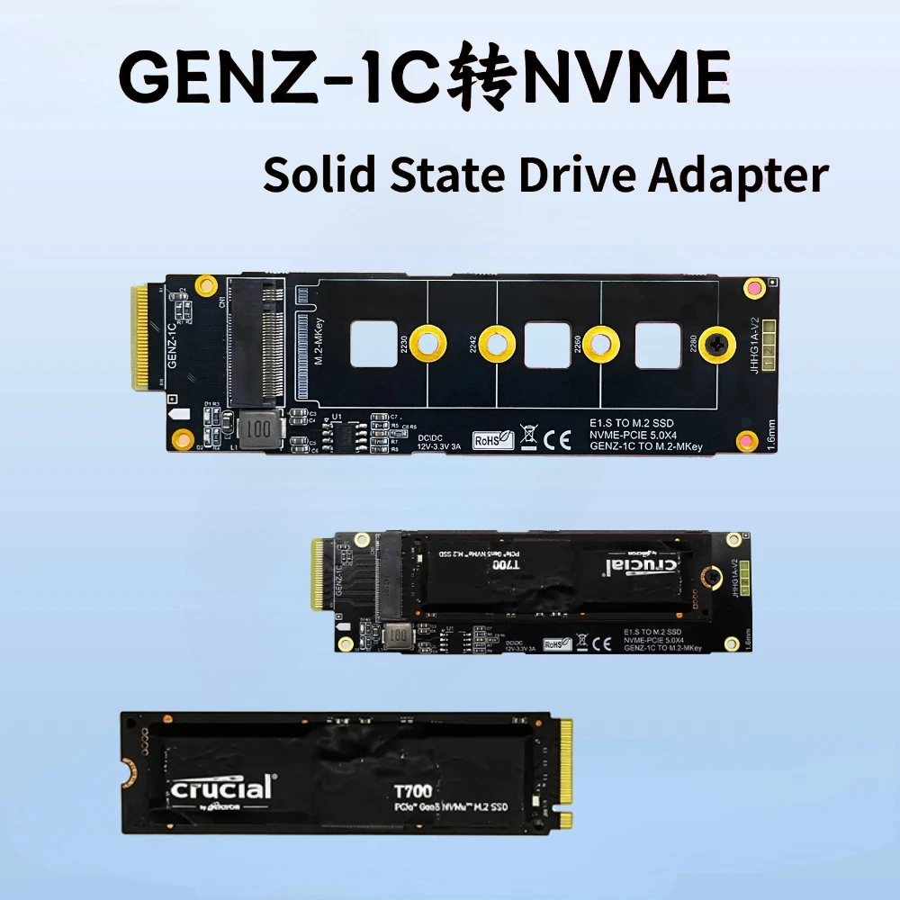 PCI-E X4 5.0 EDSFF E1.S to M.2 NVMe-PCIE 5.0 Adapter Extension Riser Card EDSFF E1.S to M.2 Key M SSD GEN5 For 1U Server Chassis