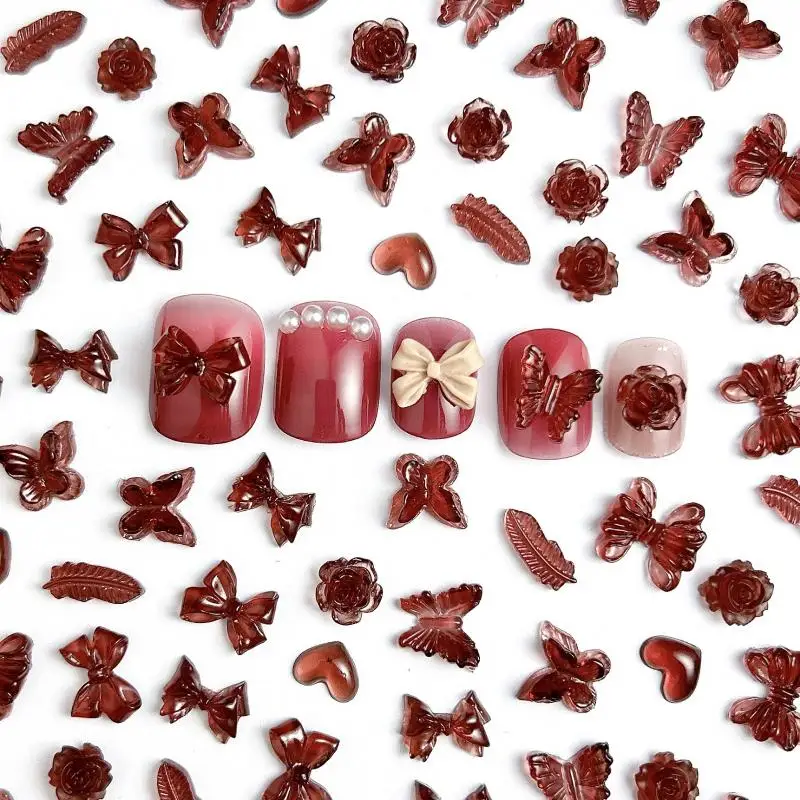 3D Resin Dark Red Butterfly Heart Nail Charms Retro Minimalist Bow Feather Flower Nail Art Decorations for Making DIY Manicure