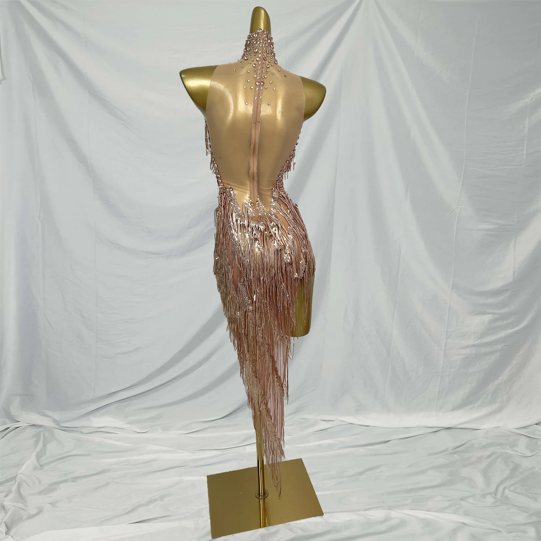 

Gold Sequin Rhinestone Tassel Night Club Party Dress Female High Slit Prom Dress Drama Dance Performance Outfit Showgirl Costume