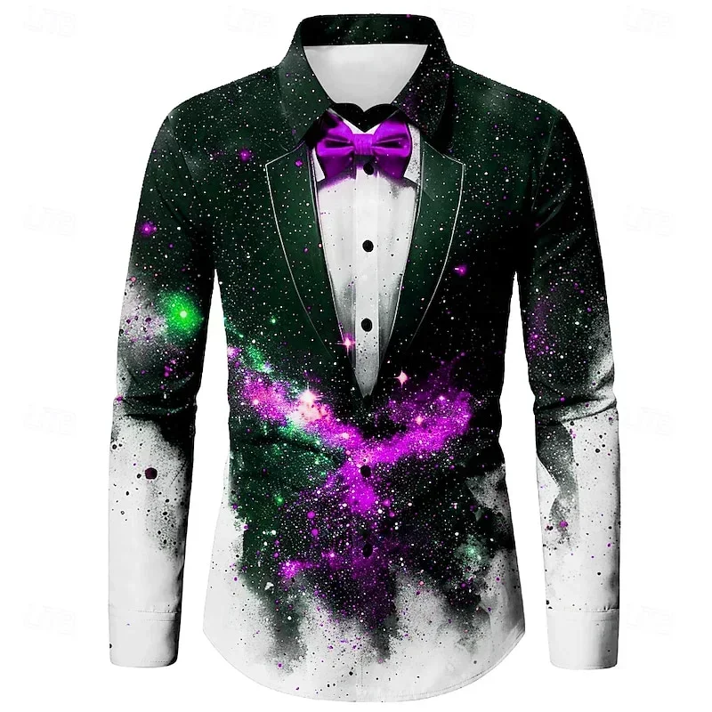 Christmas Men's Christmas Shirt Starry Sky Long Sleeve Shirt Fashion Casual Party Christmas Four Seasons Lapel Men's Shirt