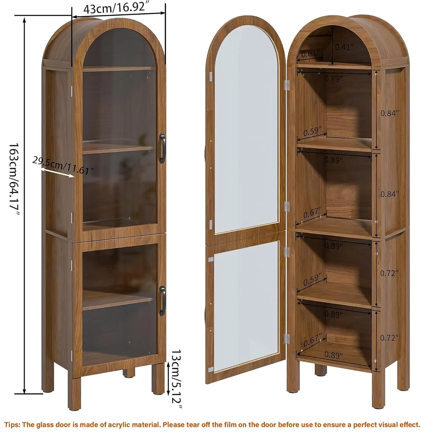Arched Display Cabinet w/ Acrylic Doors, Walnut Finish, Living Room Storage, 64