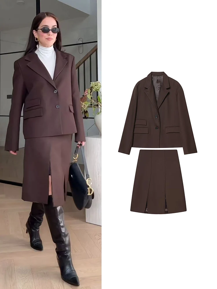 Tfmln 2026 novo conjunto de saia feminina sólido terno casaco bolsos decoração chique high street split midi saia elegante conjunto de duas peças