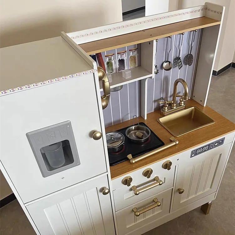 Wooden new European simulation kitchen refrigerator toys boys and girls play house wooden neon cooking stove