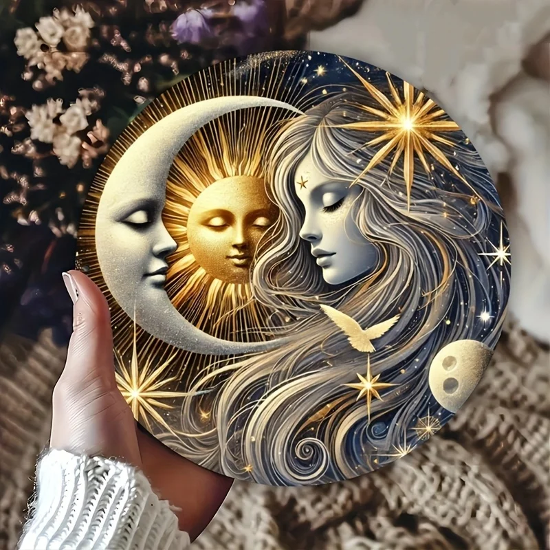 2D Flat Round Wooden Sign Sun And Moon Garden Decoration Farmhouse Garage Photo Props Gift  Decoration House Or Gaden