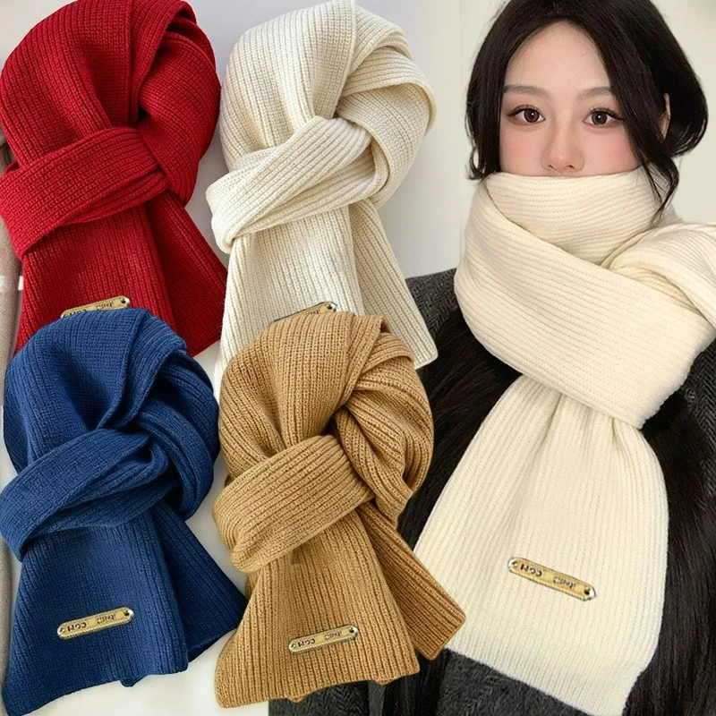 

Korean Style Knitted Scarf Solid Color Autumn Winter Windproof Neck Warmer for Women Cashmere Blend Thicken Neck Shawl Wrap