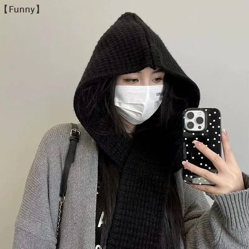 〔Lucu〕Syal Terpadu Hangat untuk Musim Gugur dan Musim Dingin, Topi Selendang Berkerudung, Syal Rajut Serbaguna, Topi Wol