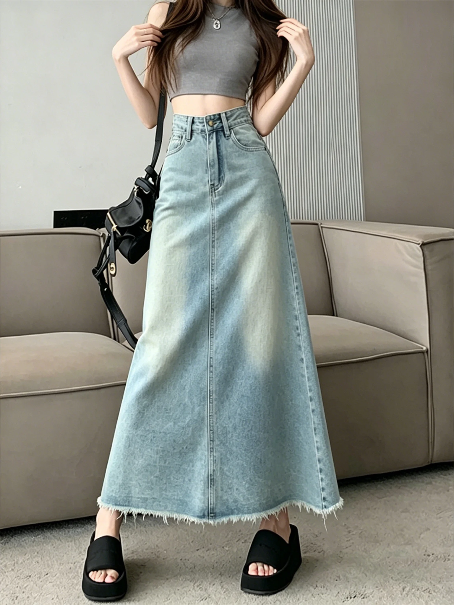 High Waist A-Line  Dress Vintage Frayed Hem Denim Skirt Women Summer 2026 New Style Versatile Slimming Skirts