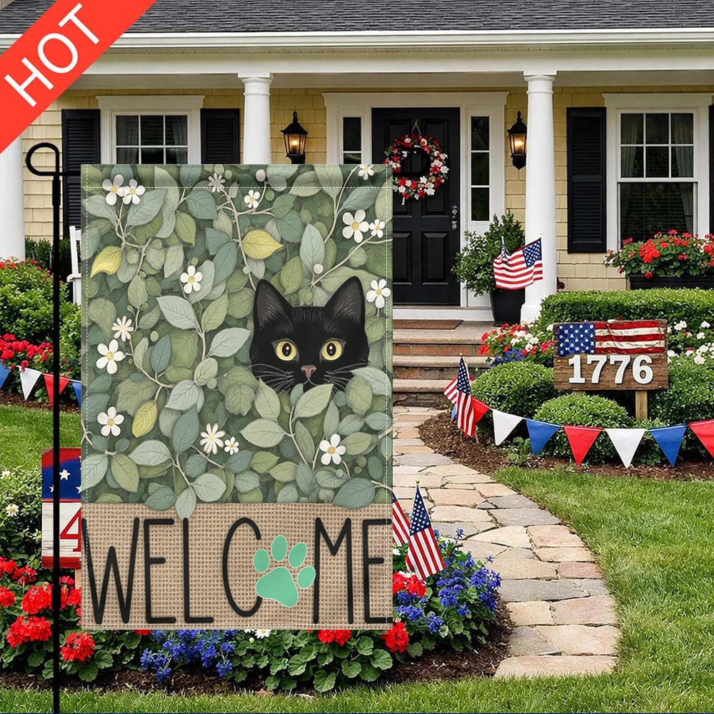 

Black Cat Welcome Garden Flag Double Sided Print No Flagpole Included Cute Floral Cat Yard Outdoor Decor
