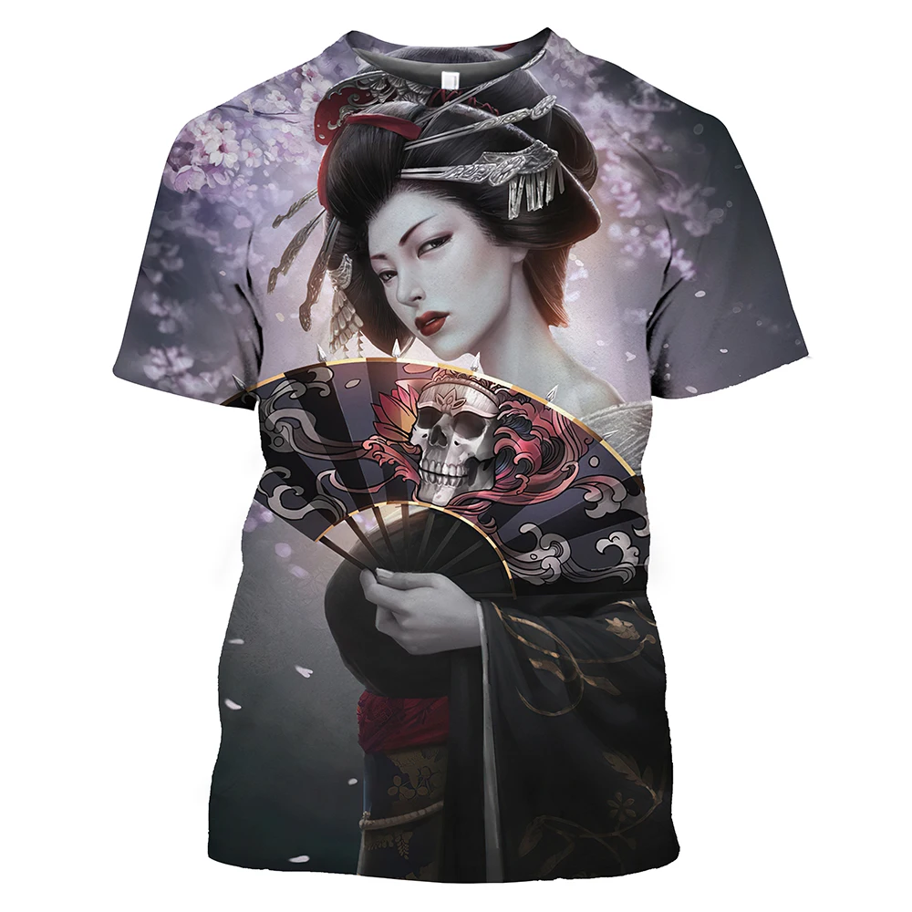 Summer Fashion Japanese Geisha cool T shirt Men Casual Fun Personality harajuku Printed Round Neck Short Sleeve streetwear Top