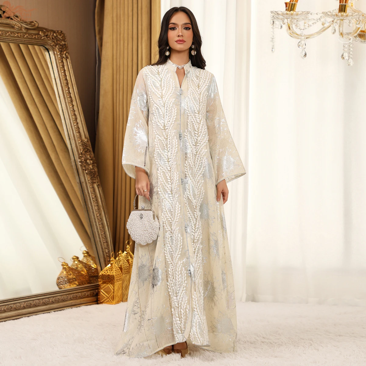 Uni Dubai besticktes elegantes Damen-Abendkleid, Netzärmel, Abaya, Marokko, modische Damenbekleidung