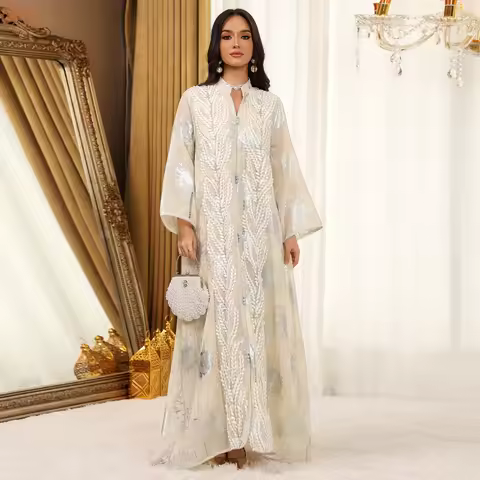 Uni Dubai Embroidered Elegant Woman Evening Dress Mesh Sleeve Abaya Morocco Fashion Women Clothing 2025