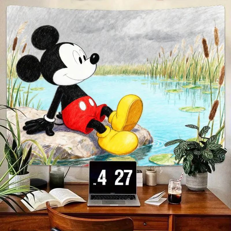 

1PC Disney Mickey Mouse Relaxing Pond Tapestry Modern Polyester Wall Art for Living Room Bedroom Dorm Decor Gift for Kids Fans