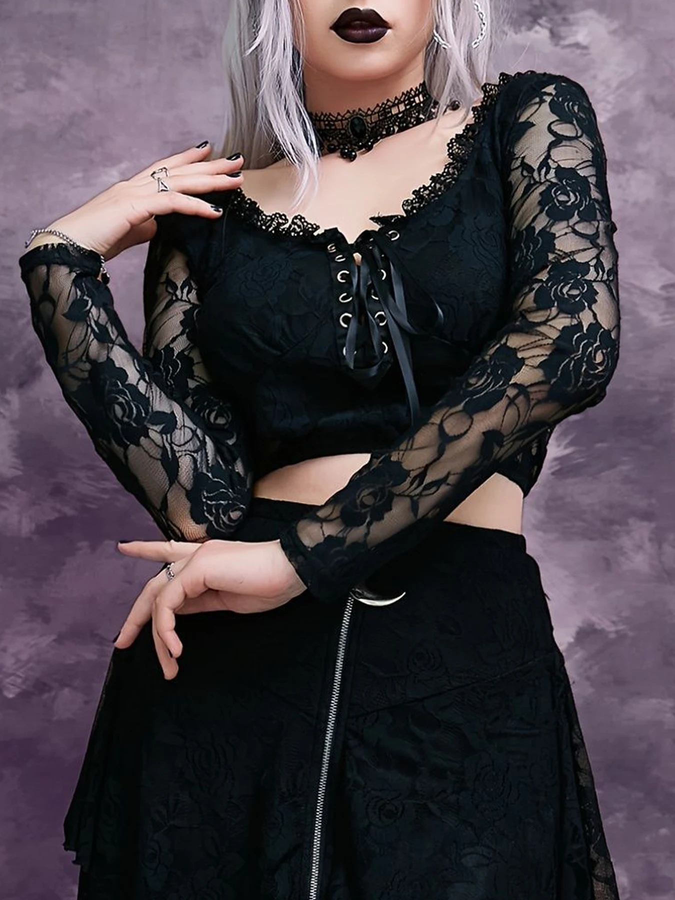 Goth Dark Mesh Patchwork Mall Gothic Aesthetic Blouses Lace Trim Grunge Punk Bandage Crop Tops Skinny Women Vneck Sexy Alt Shirt