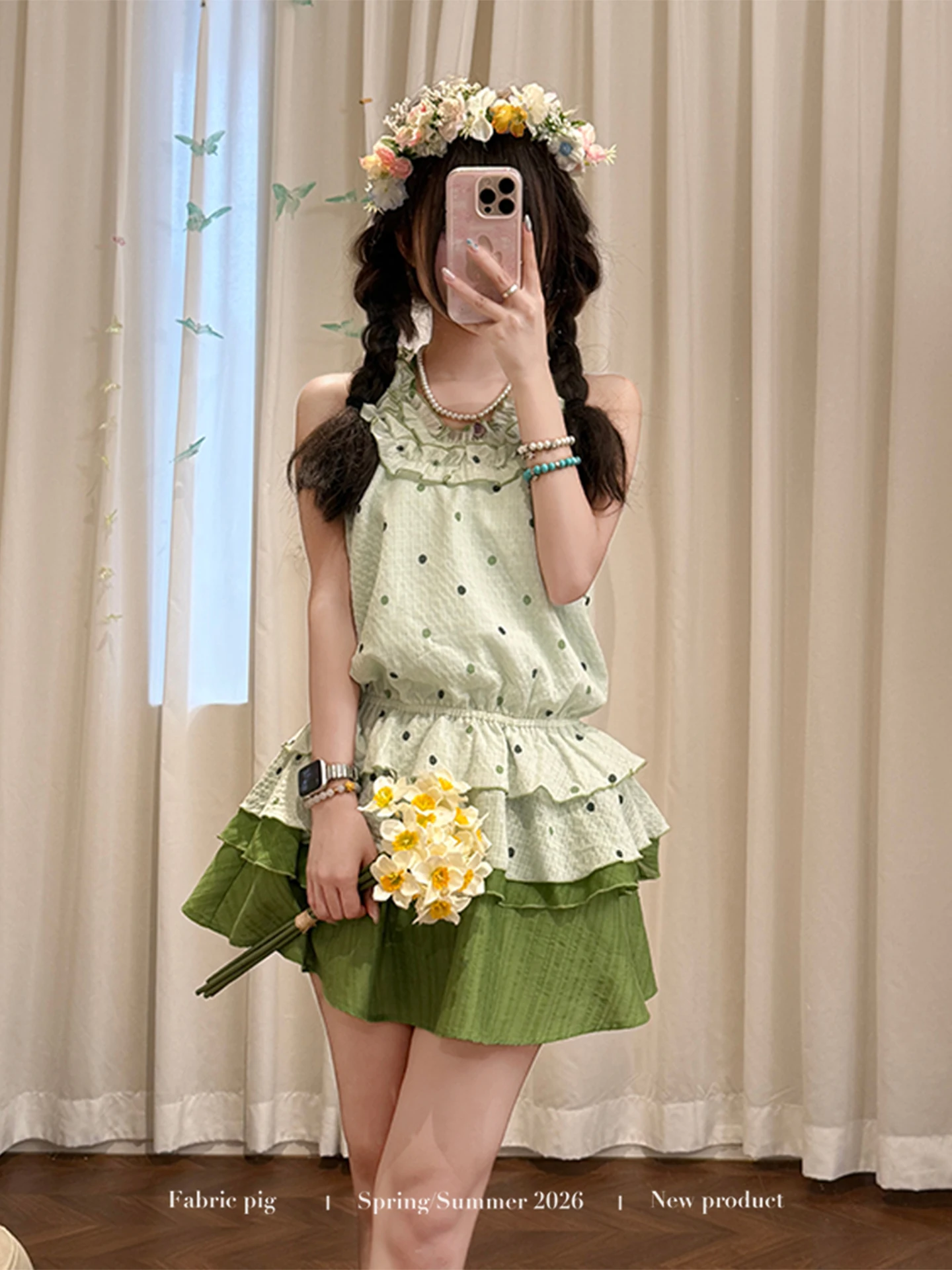 Summer Polka Dot Halter Neck Sleeveless Short Skirt Women's  Forest Green Lemon Cold Brew Fabric Pig High Waist A-Line S...