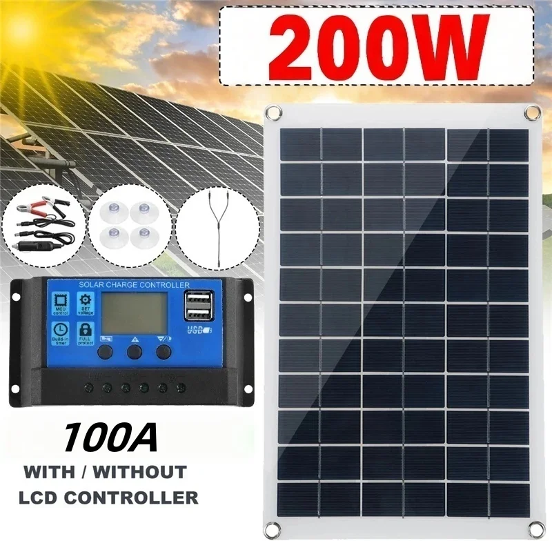 200W Solar Panel 18V Waterproof Solar Plate Portable DC Dual USB Solar Battery Charger Outdoor Camping Solar Cells Charging