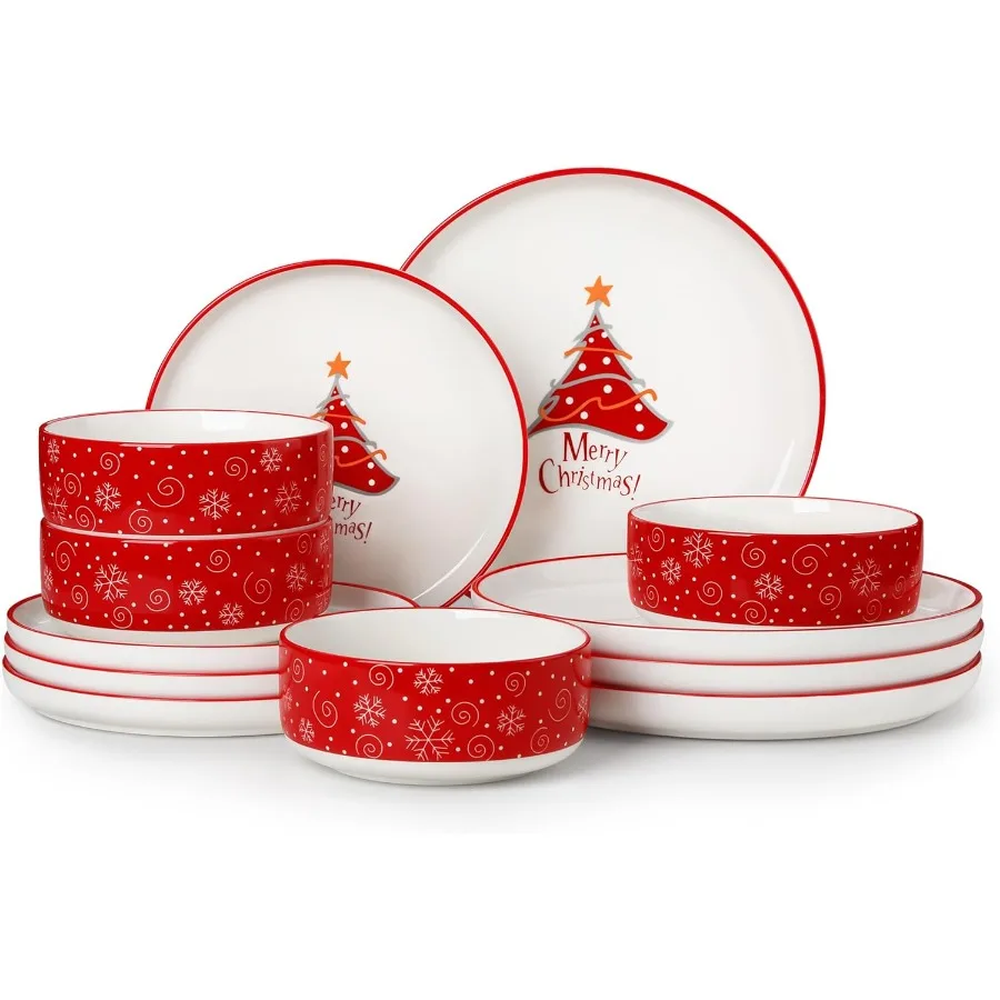 

12Piece Christmas Porcelain Dinnerware Set for 4 Including Plates and Bowls Ceramic Kitchen Dining Ware Set with Christmas Tree