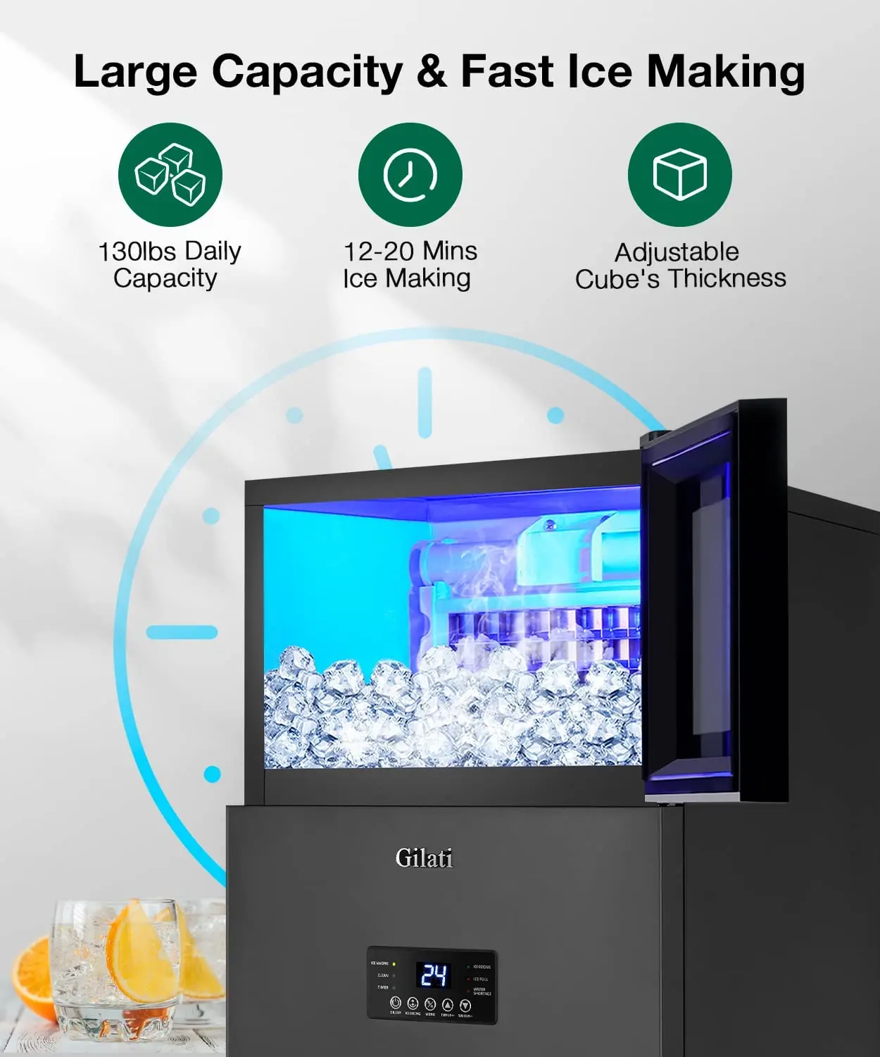 Ice Maker 130Lbs/Day,Quick Ice Making Commercial Ice Machine with 35Lbs Capacity,Under Counter Ice Maker 15 Inch Wide, Stainless