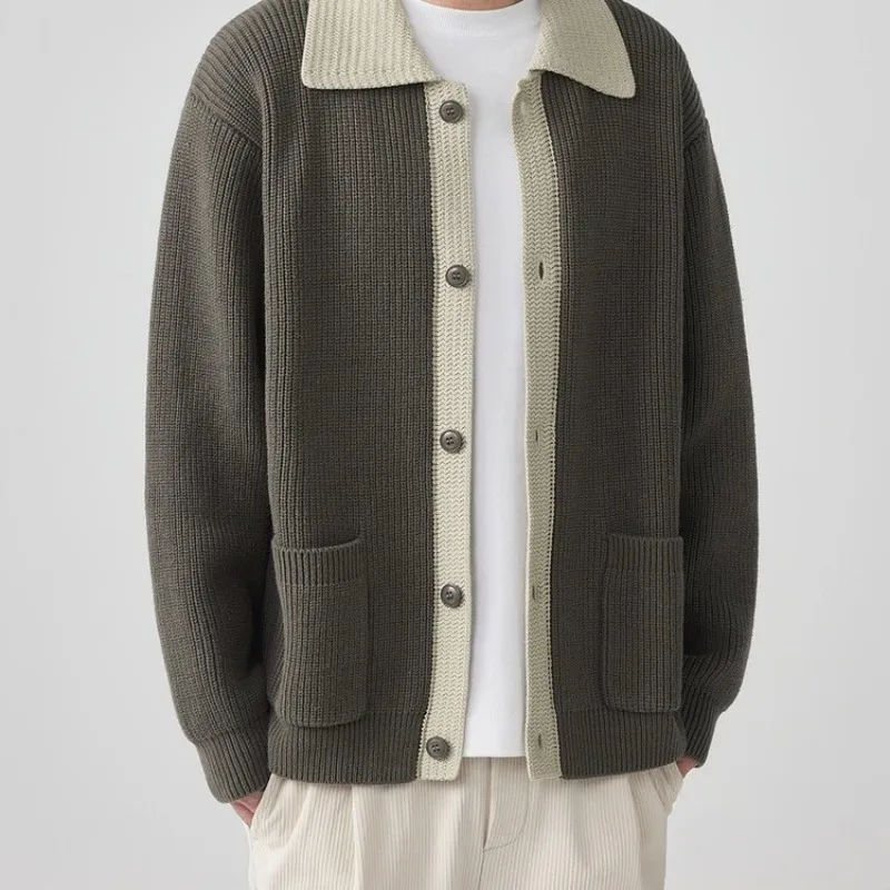 

Модный вязаный кардиган контрастного цвета с лацканами, осенне-зимний красивый свитер, мужская куртка