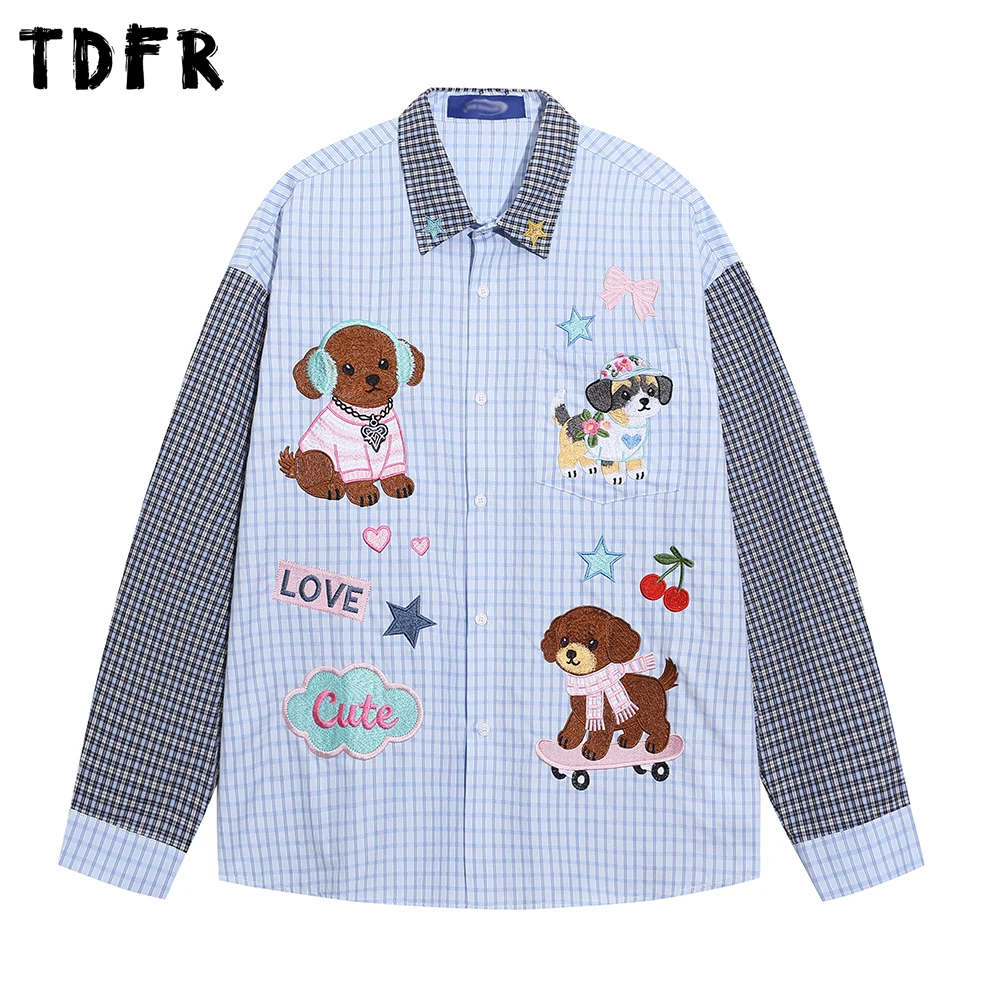 

Мужские рубашки в клетку с длинным рукавом, с вышивкой в стиле пэчворк, весенние, ретро, повседневные, свободного кроя, с отложным воротником, на одной пуговице