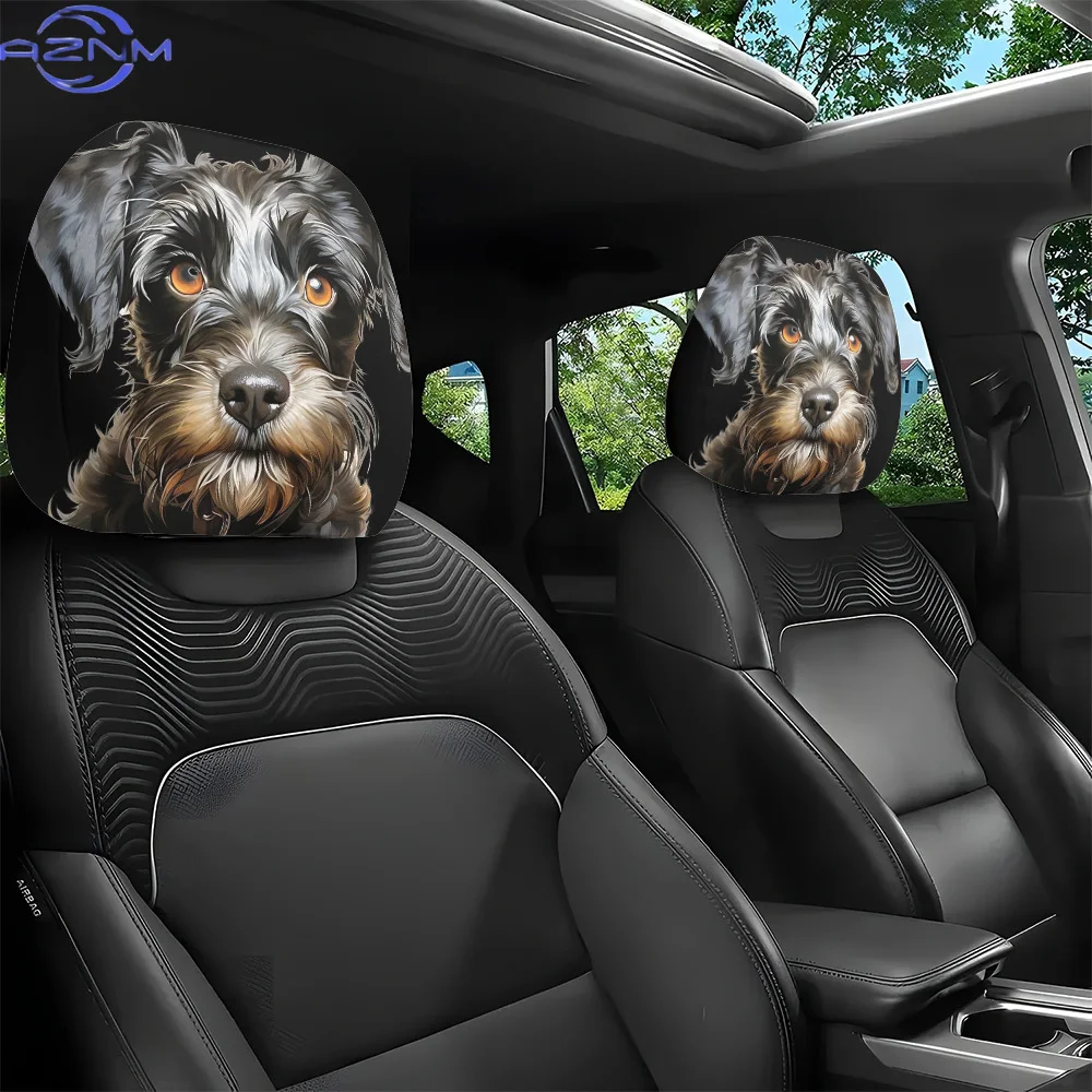 A 2pcs Set Featuring a Realistic Black And Gray Schnauzer Print Car Headrest Cover, Designed for Interior Decoration. It Has N