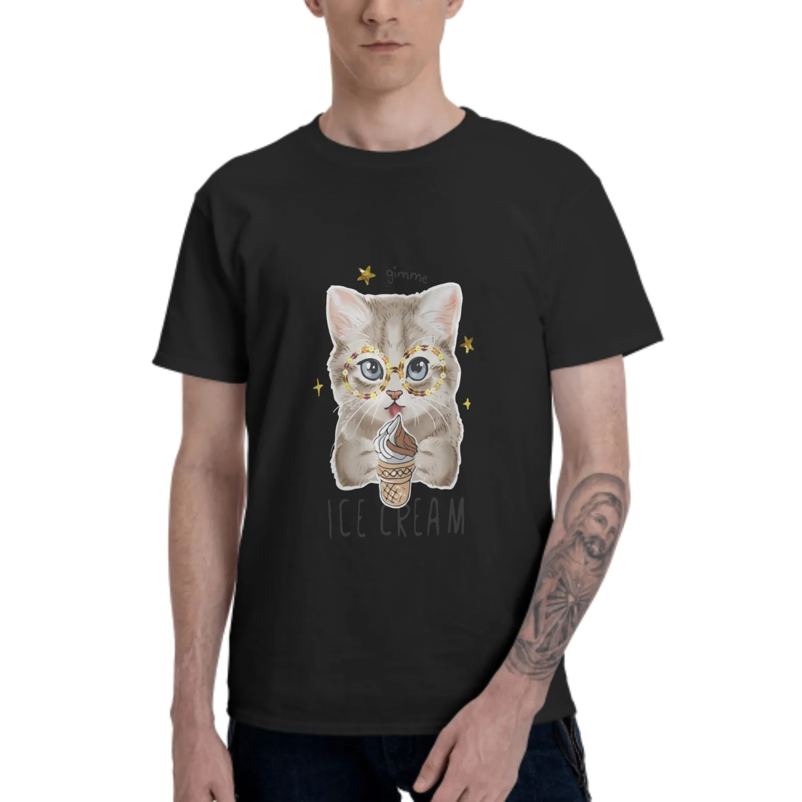 

Funny Cat Eat Ice Cream T Shirt Normal Tshirts Cotton Euro Size O-Neck Daily Casual Oversized Unisex Tees