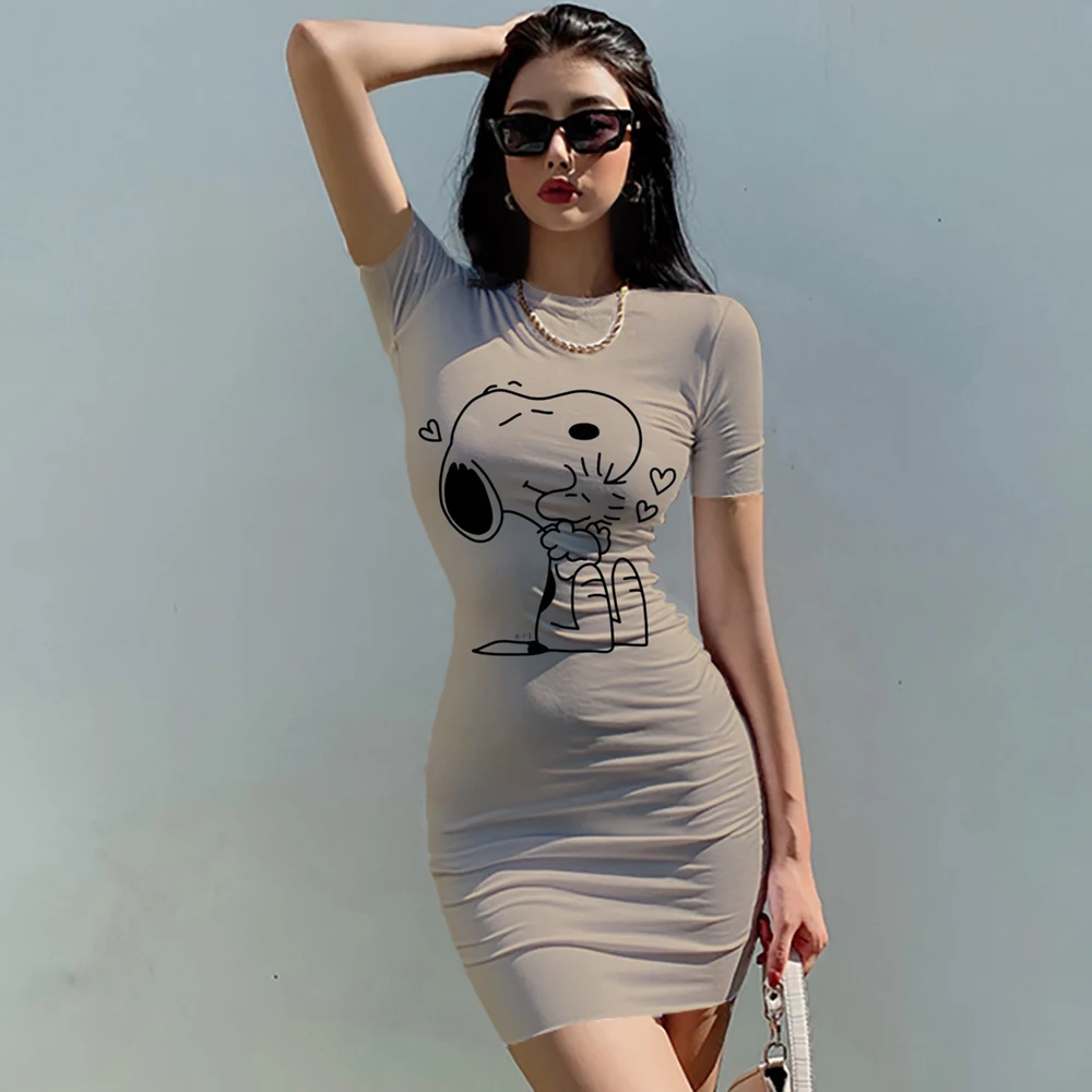 

Snoopy Women's Short Sleeved Hip Dresses Kawaii Elegant Chic Dress Sanrio S-3XL O Neck 2024 Summer Y2k Anime Fashion Beautiful