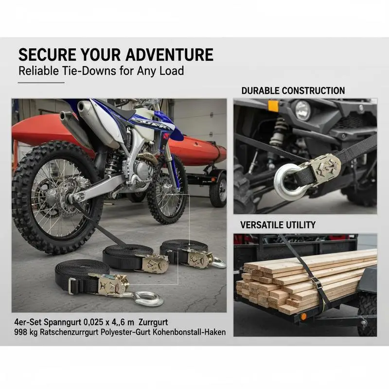 Ensemble de 4 sangles à cliquet 0,025 x 4,6 m, capacité de 998 kg, sangle en polyester avec crochets en acier au carbone, idéal pour les motos, vélos, kayaks, UTV, bateaux et VTT