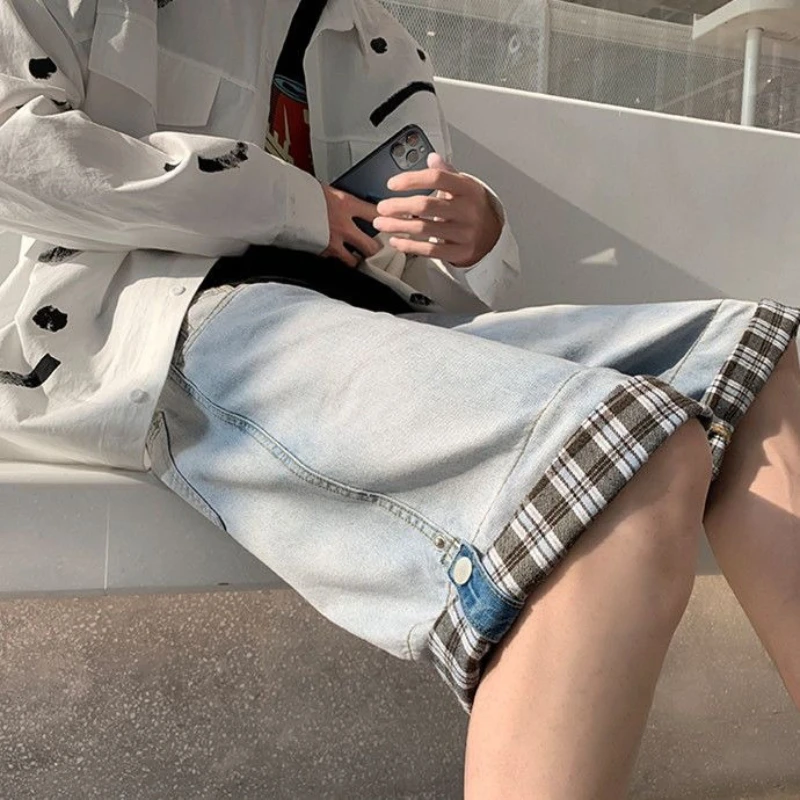 Versatile Men's Denim Shorts New Summer Hong Kong and Korean Style Loose Fit Checkered Mid-Length Trendy Streetwear Fashion