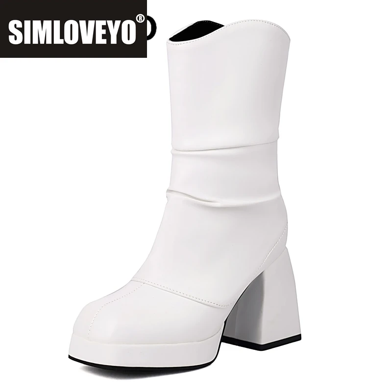 

SIMLOVEYO 2024 New Women Mid Calf Boots Square Toe Block Heels 9.5cm Zipper Pleated Plus Size 46 47 48 Vintage Party Dating Bota
