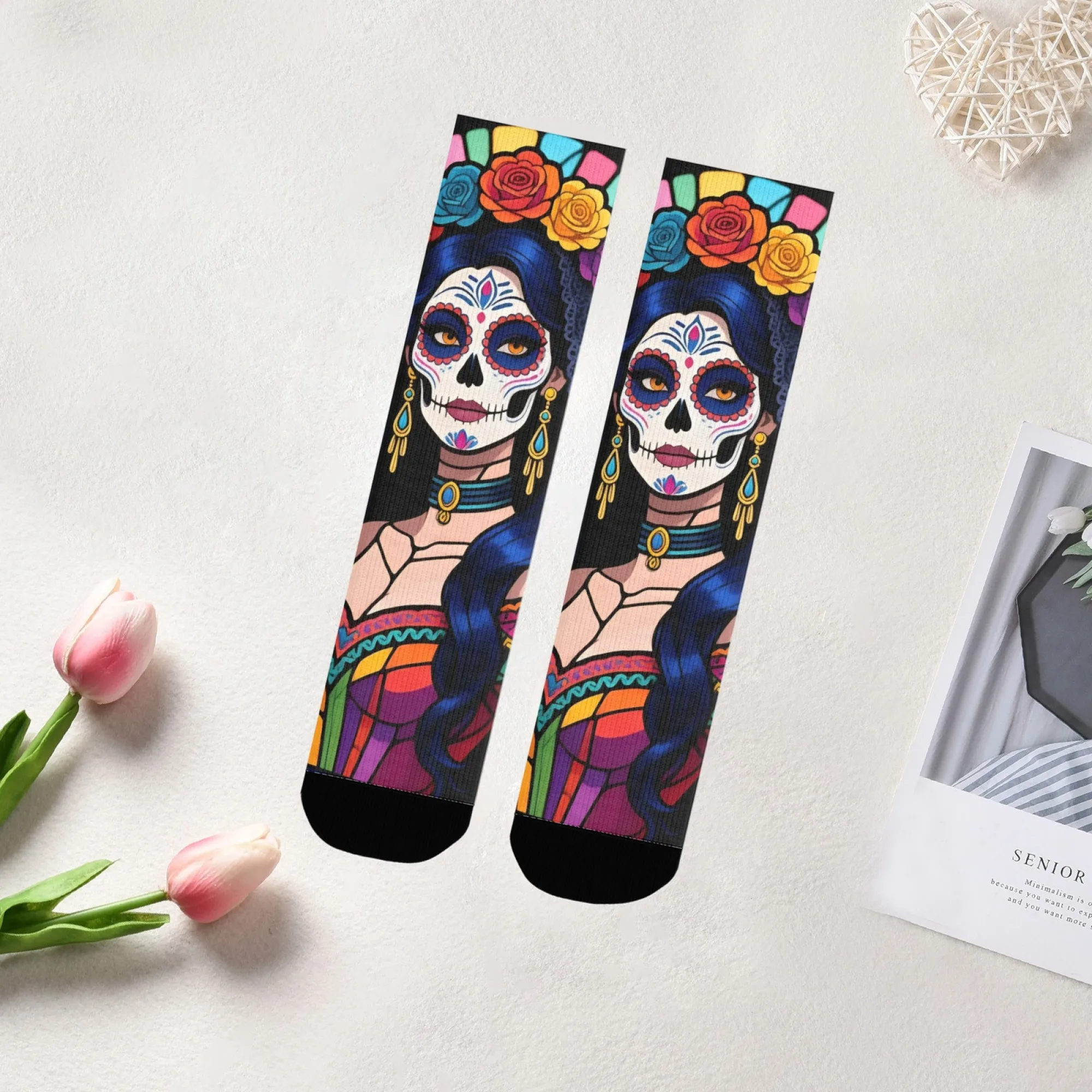 Unisex Day of The Dead Sugar Skull Catrina Crew-Socken, trendiger Retro-Festival-Druck, Street Fashion, ideales Paar-Geschenk für Ausflüge